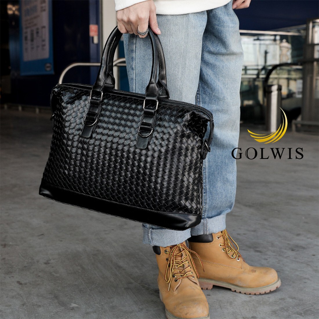 2WAY レザー ビジネスバッグ ブリーフケース 編み 編み込み メンズ