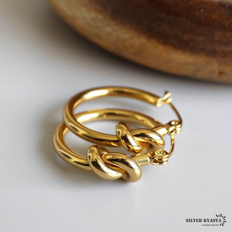 ステンレス フープピアス ノットピアス 結び 大ぶりピアス ゴールド