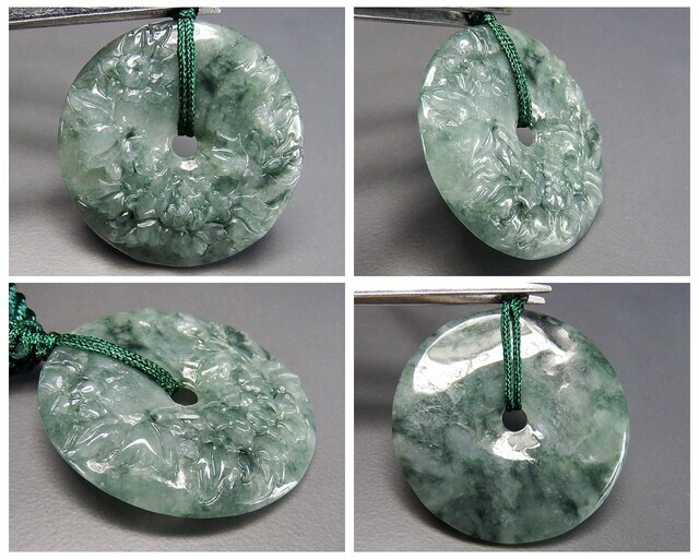 天然良質濃い目ひすい本翡翠ボタンの花彫り平安扣天然石ペンダント