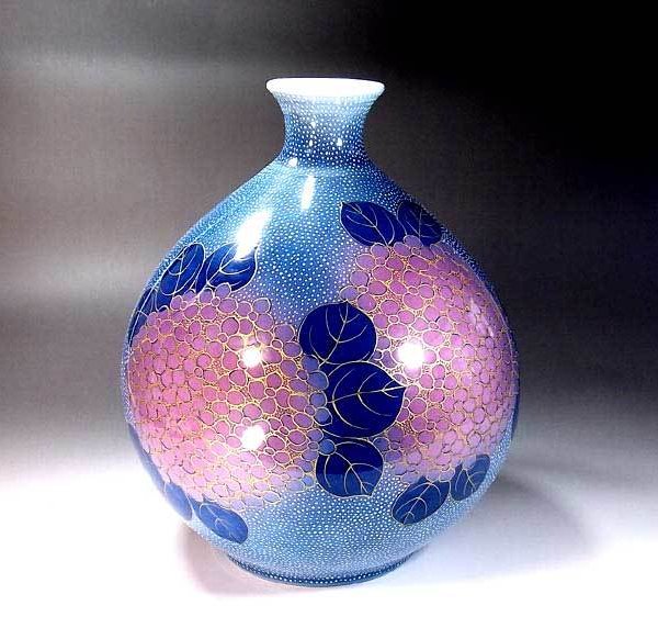 有田焼 陶芸家 藤井錦彩作】有田焼美術品 金彩釉裏紅紫陽花絵飾り花瓶