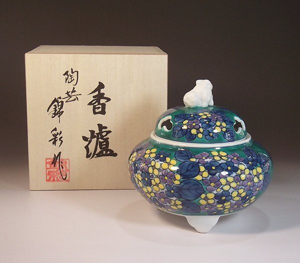 有田焼 陶芸家 藤井錦彩作 染錦紫陽花絵香炉 木箱入り（父の日・母の日