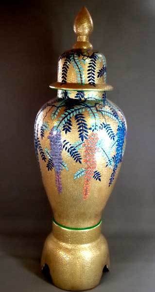 有田焼 陶芸家 藤井錦彩作】有田焼美術品 染錦黄金藤絵飾り特大沈香壺