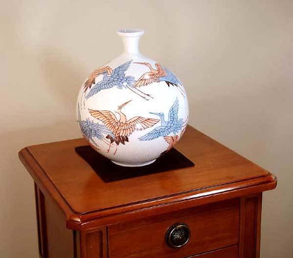 Bフライデー蔵出し特価 青磁 鶴模様 陶器 花瓶 作家物海剛作桐箱あり