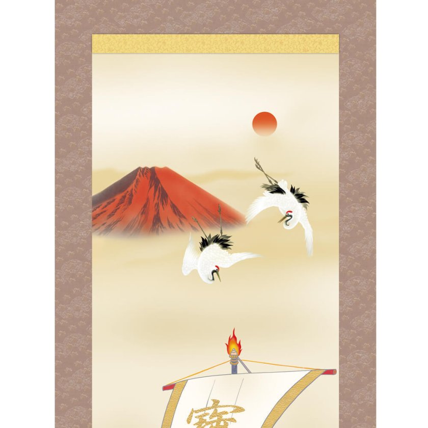 赤富士吉祥宝船 掛軸 尺五立 高精彩工芸画 手彩補色 掛け軸 掛軸 動物