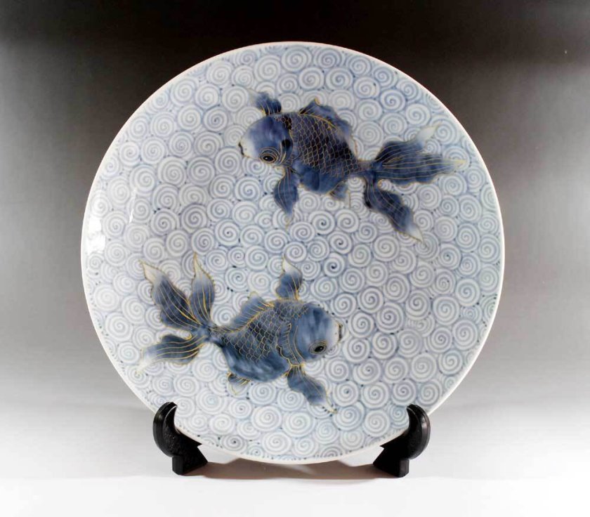 有田焼 陶芸家 藤井錦彩作】有田焼美術品 古染付金彩金魚絵飾り大皿