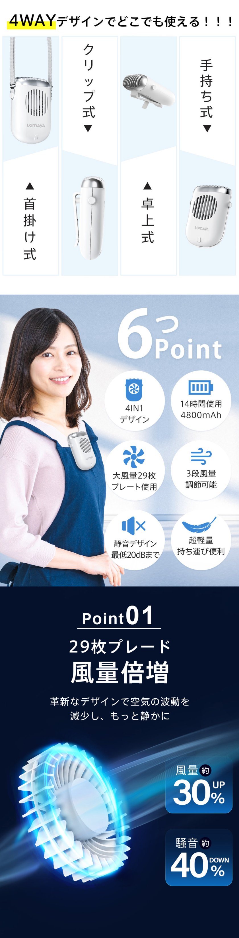 期間限定最大20%OFF／ LOMAYA 1台4役 多機能扇風機 4800mAh 大容量 首