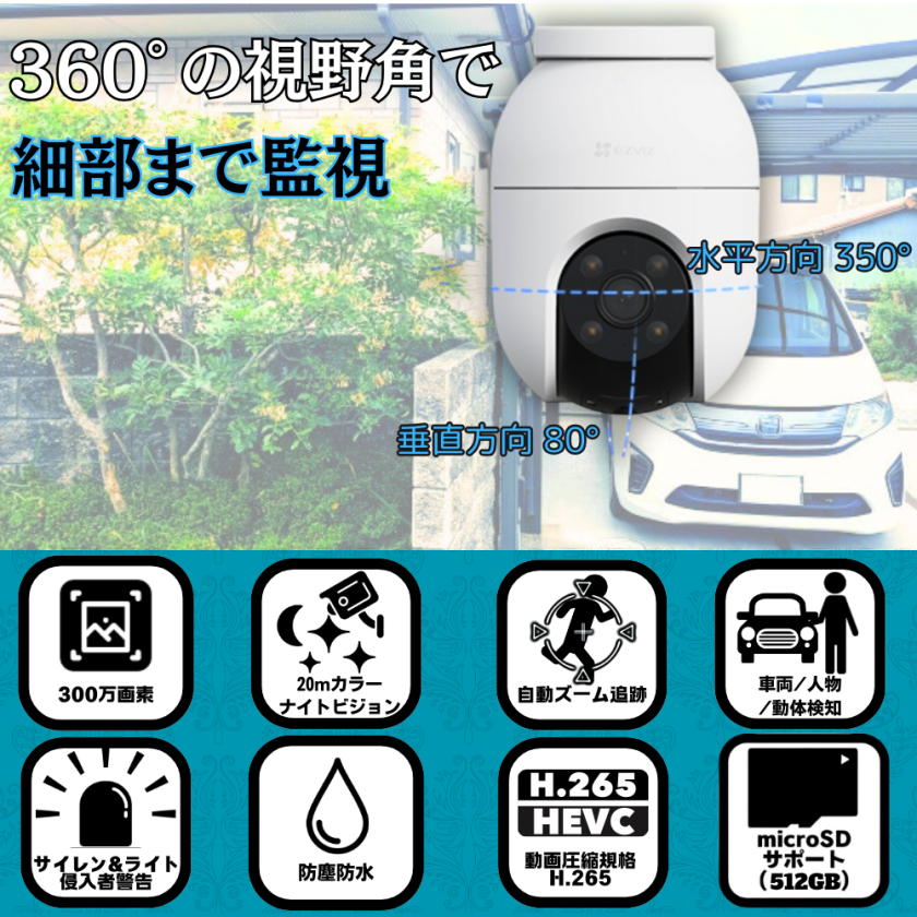 防犯カメラ 監視カメラ 動体検知 自動追尾 ワイヤレス 360度 車体検知