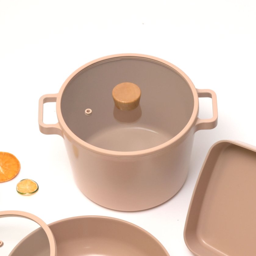 FIKA ピーチピンク ディープキャセロール 22cm 専用ガラス蓋付き 深鍋