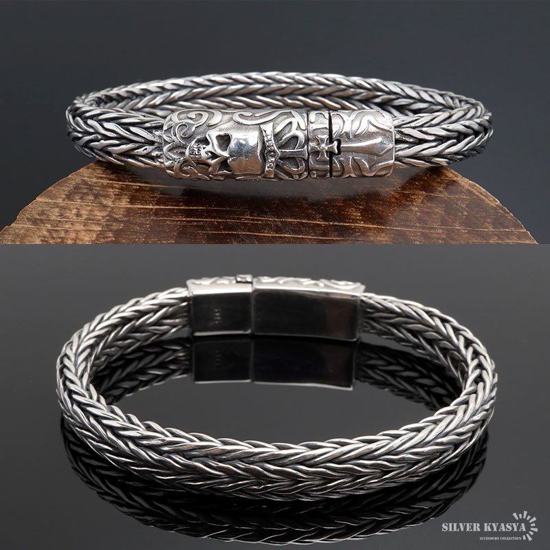 シルバー925 スカルブレスレット メンズ チェーンブレスレット 重厚