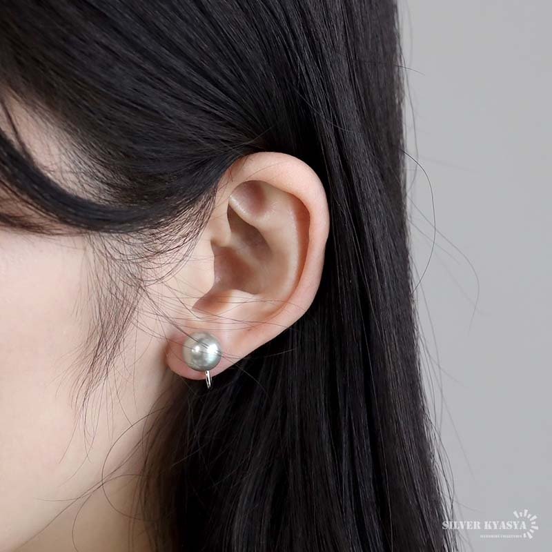 グレーパールイヤリング 10mm 一粒ピアス 大きめ 真珠ピアス グレー