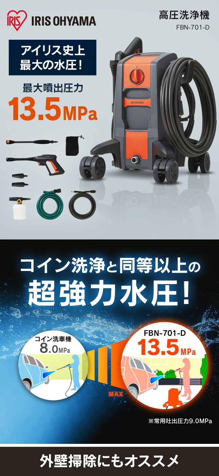 公式】高圧洗浄機 アイリスオーヤマ 洗車 静音 強力 コンパクト FBN