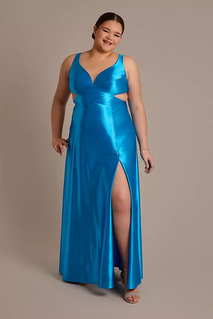 Sculpting Satin A-Line Dress with Side Cutouts | David's Bridal