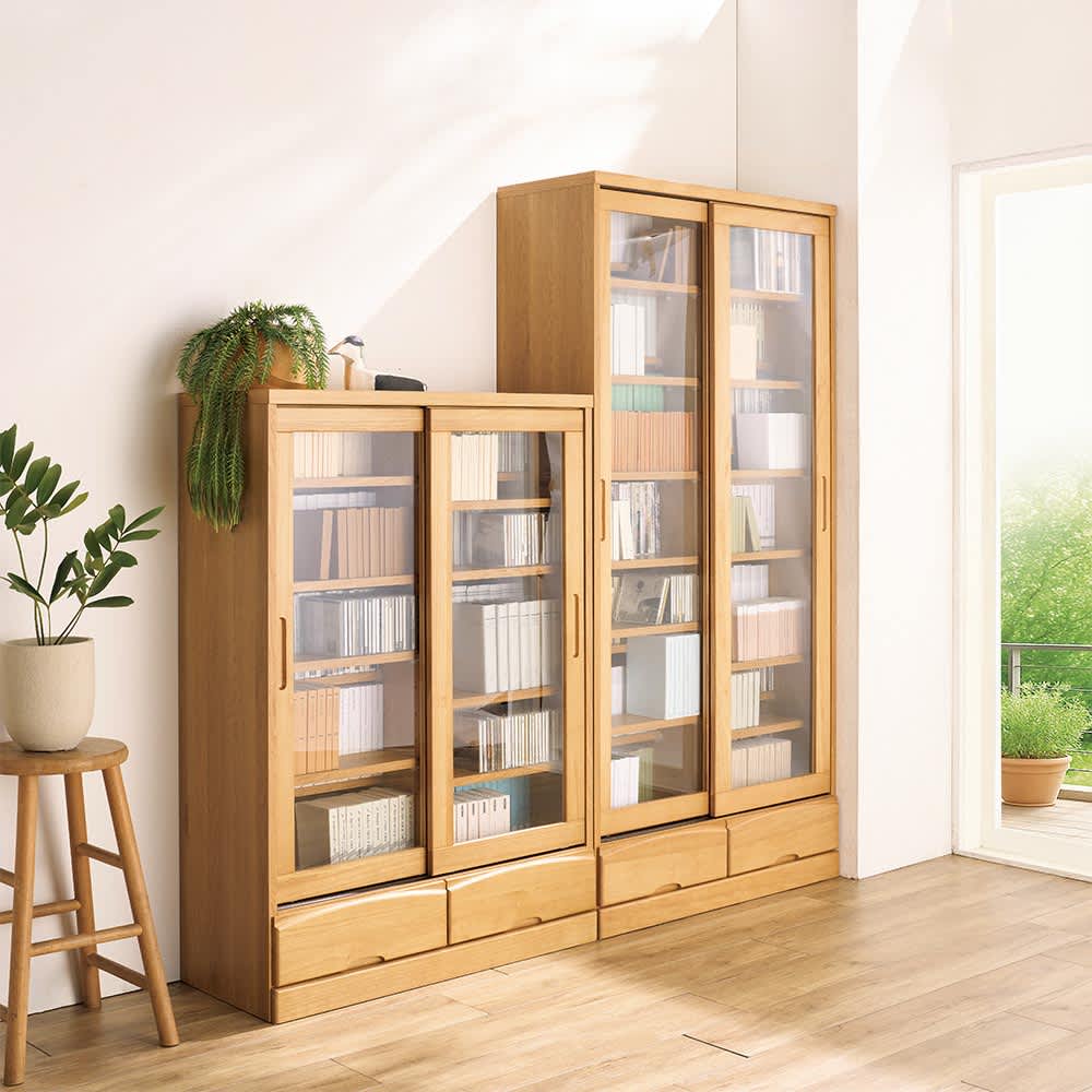 天然木段違い引き戸本棚 ロータイプ高さ130cm 幅120cm 通販 - ディノス