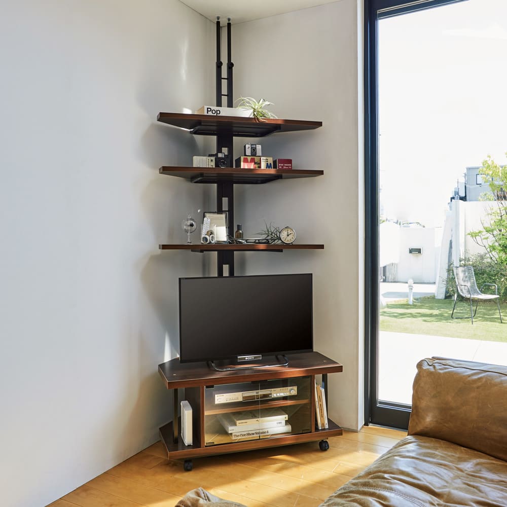 コーナーテレビ台（上棚なし） 幅90cm ガラス扉タイプ キャスター付き