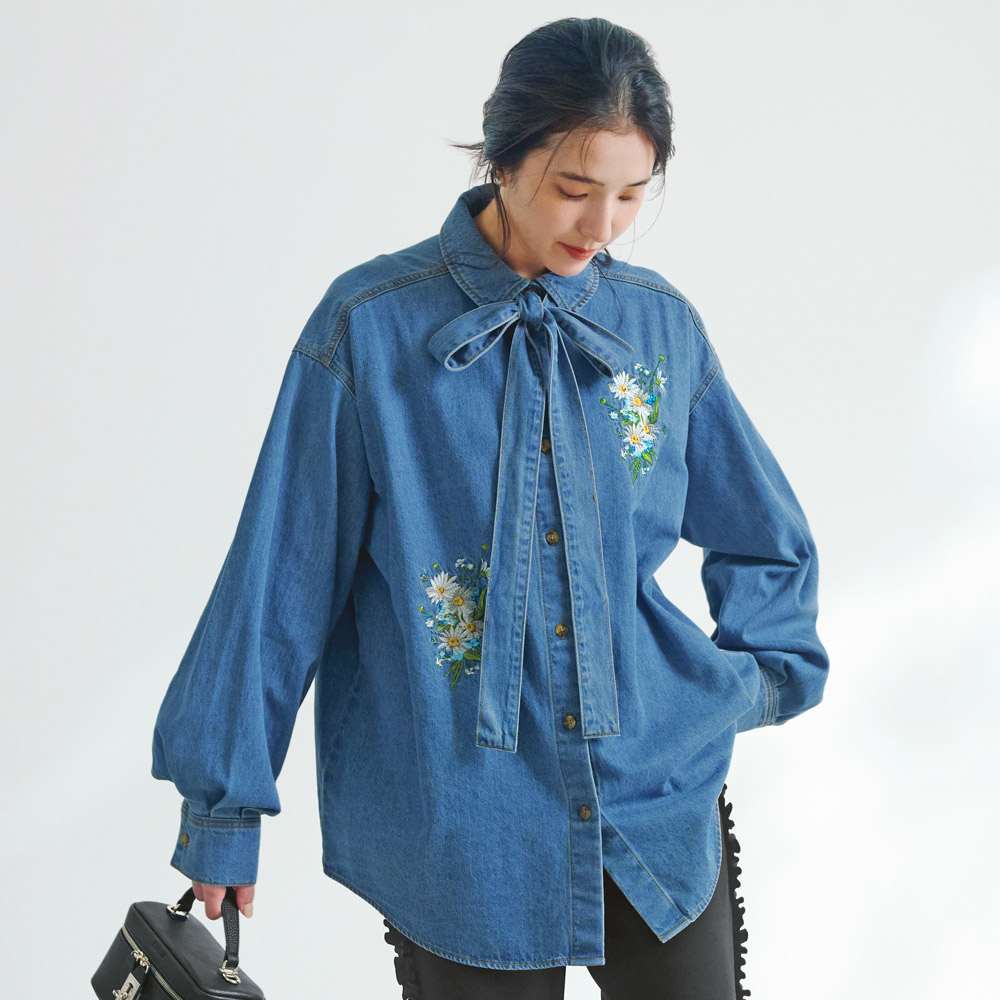 刺しゅう ボウタイ 2ウェイ デニムシャツ 通販 - ディノス