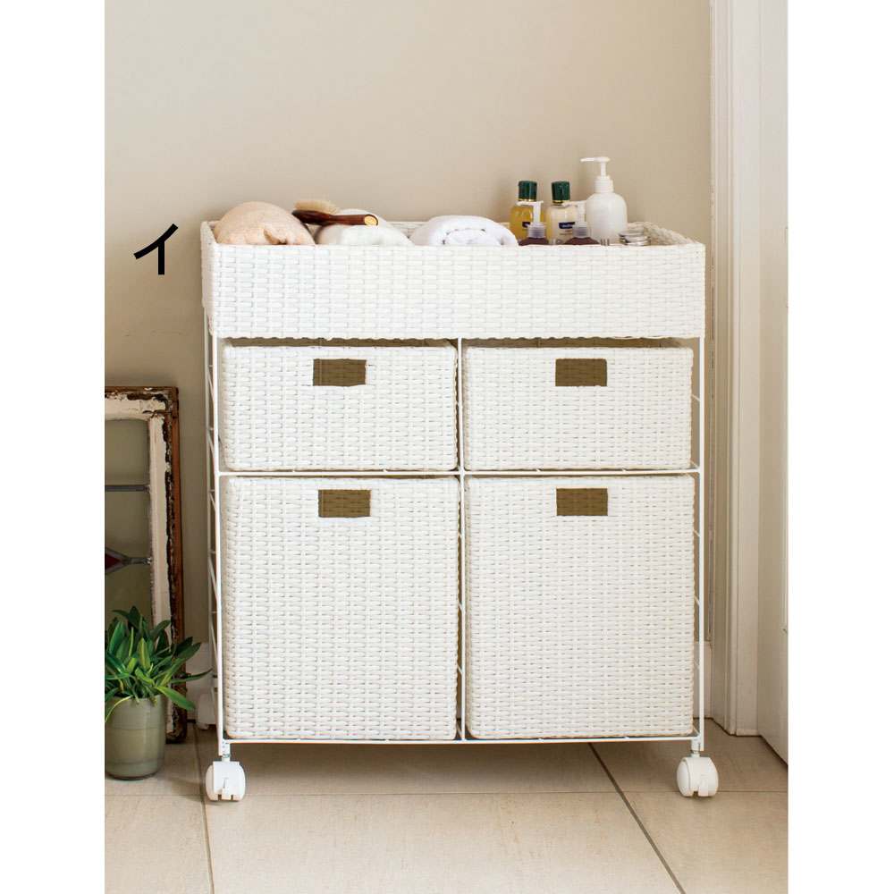 ラタン風ランドリーチェスト ワイド3段（幅74・奥行34.5・高さ80cm