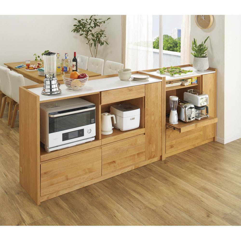 アルダー天然木人工大理石トップ 間仕切り家電収納キッチンカウンター