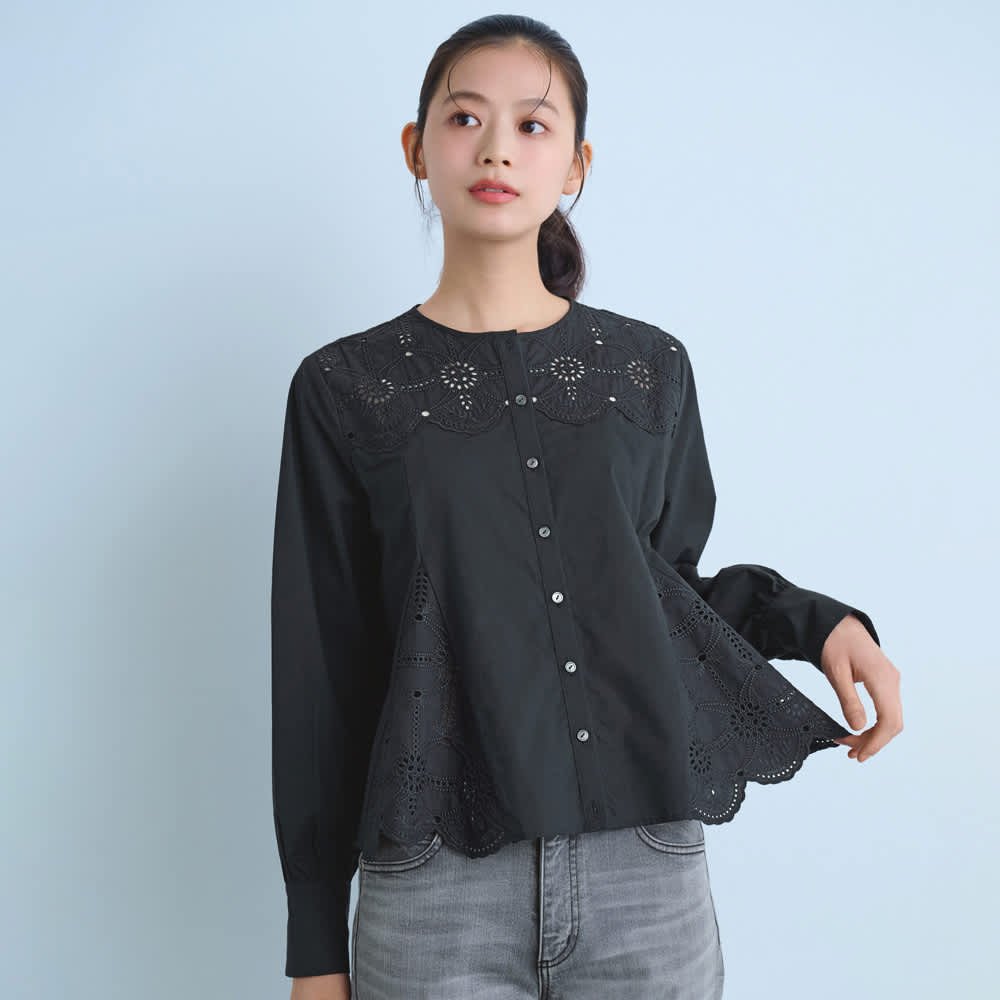 Sea NEW YORK カットワークレースブラウス フリル刺繍 ブラックS Sea