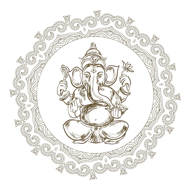 マンダラフレームに座っている主ガネーシャの手描きイラスト