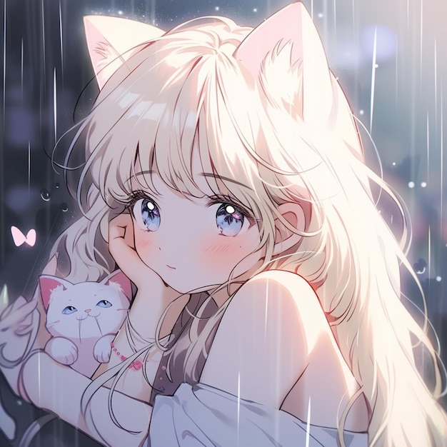 猫耳と雨の中の子猫を持つアニメの女の子生成ai | Premium AI生成画像
