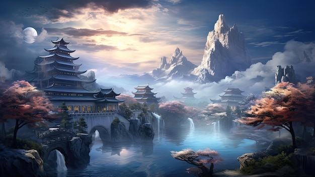 ビデオゲームやデジタルイラスト用のファンタジー中国の風景アート