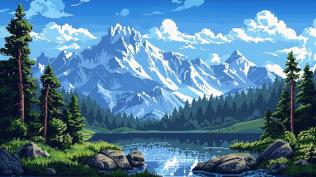 Pixel art mountain landscape with a lake and forest in the