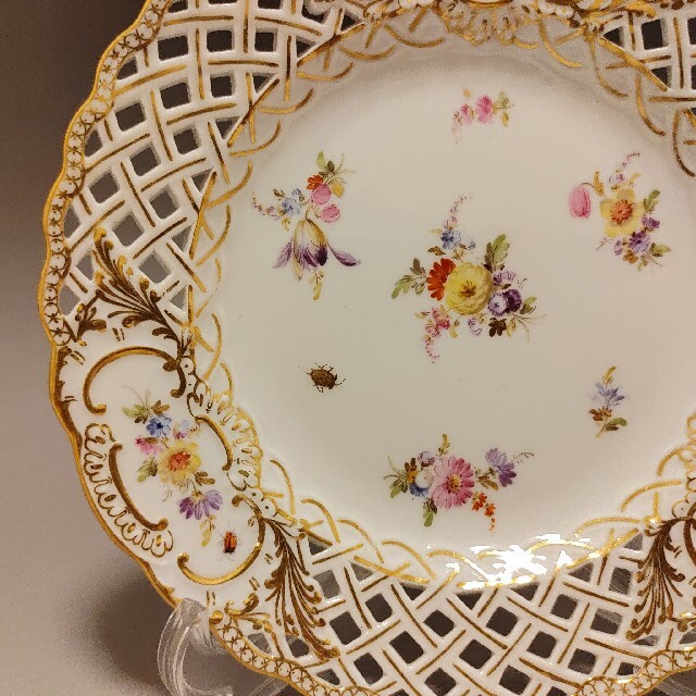 マイセン 1860-80年頃 瑠璃金彩 昆虫花束文 透かしボーダープレート A