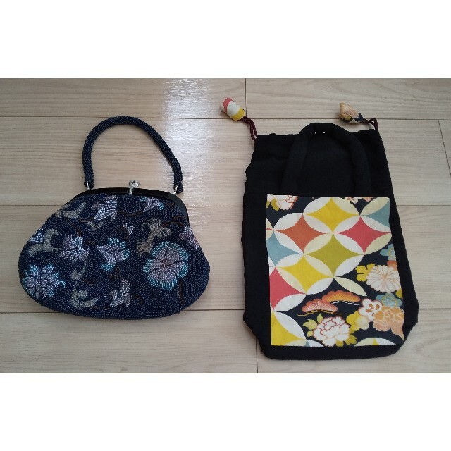 昭和レトロ アンティークビーズバッグ+手作り一点ものバッグセツトの