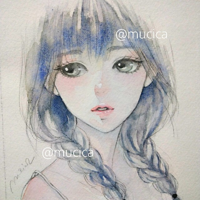 専用 手描きイラスト 絵画 原画 おさげな少女 水彩画 美人画の通販 by