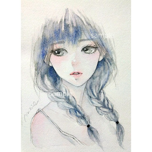 専用 手描きイラスト 絵画 原画 おさげな少女 水彩画 美人画の通販 by