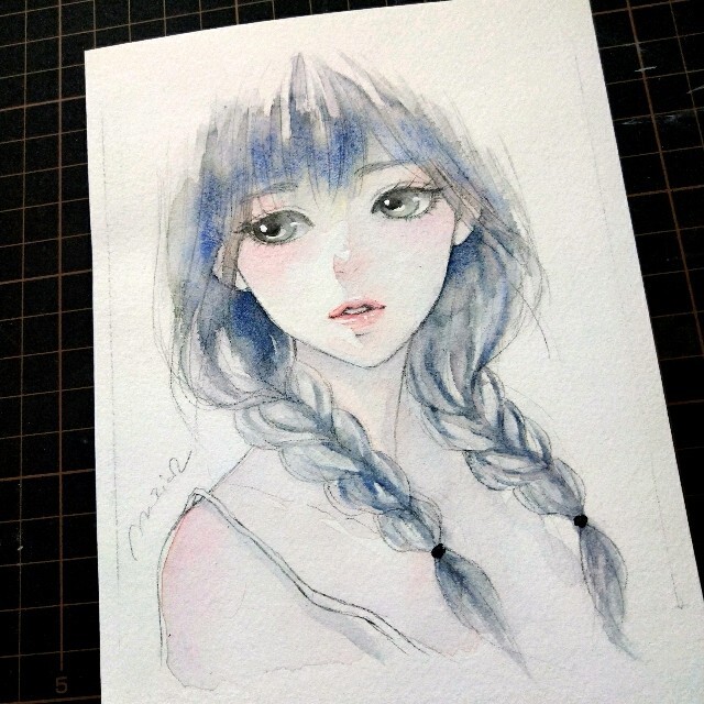 専用 手描きイラスト 絵画 原画 おさげな少女 水彩画 美人画の通販 by