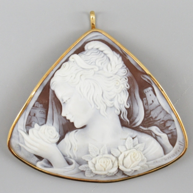 K18YG シェルカメオ ブローチ ペンダントトップ 女横顔柄 11.6g 作家物