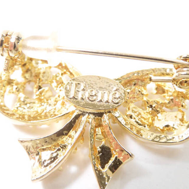 René - 美品 Rene ルネ リボンブローチ ゴールド系 ライトストーン