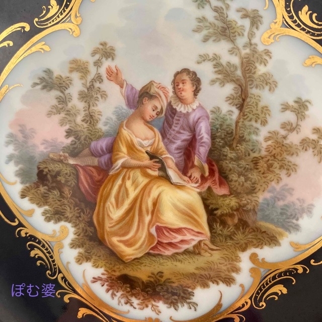 古マイセン 金彩 ワトー恋人文 コバルトロカイユ窓 透かし絵皿 直径