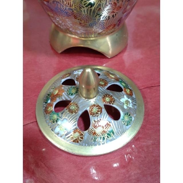 香炉 九谷焼 真山 色絵金彩 花詰 香炉 共箱 /茶道具 香道具 仏具 置物