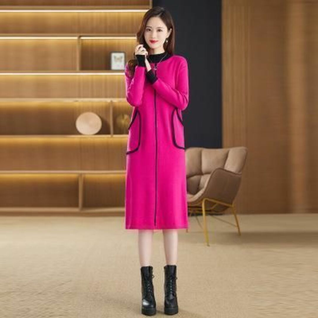 ピンク色☆Lサイズ】長袖 ひざ丈 ニットワンピースポケット付き