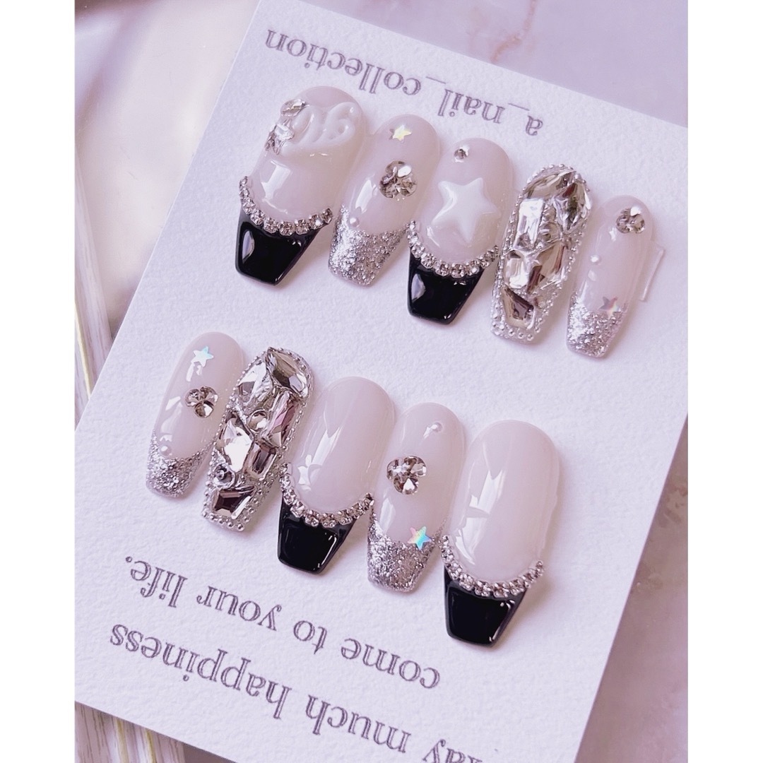 ネイルチップオーダー ストーン埋めつくし フレンチネイル ハート