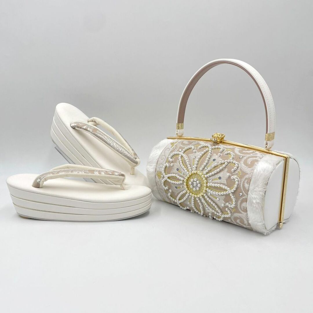 プレミアビーズパール刺繍 振袖バッグ草履セット 西陣刺繍 くすみ