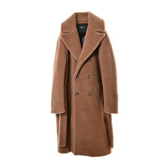 Solleciti キャメル シルク ボア ダブルブレスト ベルテッド コートの