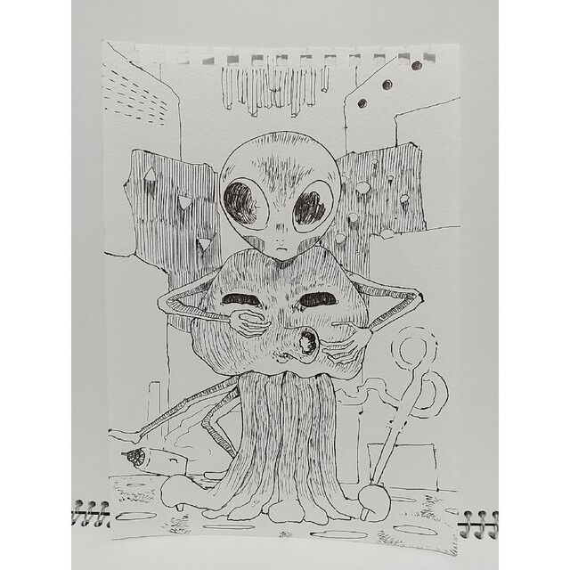 オリジナルイラスト 手描きイラスト タコ宇宙人とグレイくん