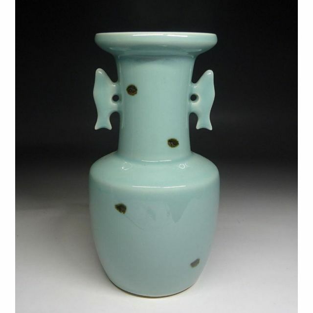 砥部焼 栖山窯 飛青磁 双魚耳 花瓶 高約20.5cm 時代物 t06201の通販 by