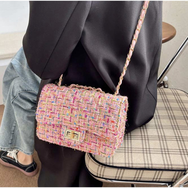 レディース ツイードショルダーバッグ チェック ピンク 肩がけバッグ