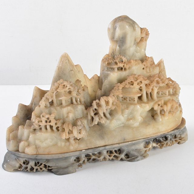 中国美術 【慰】中国美術 玉石寿山石 青金石彫刻 山水図 置物 古玩