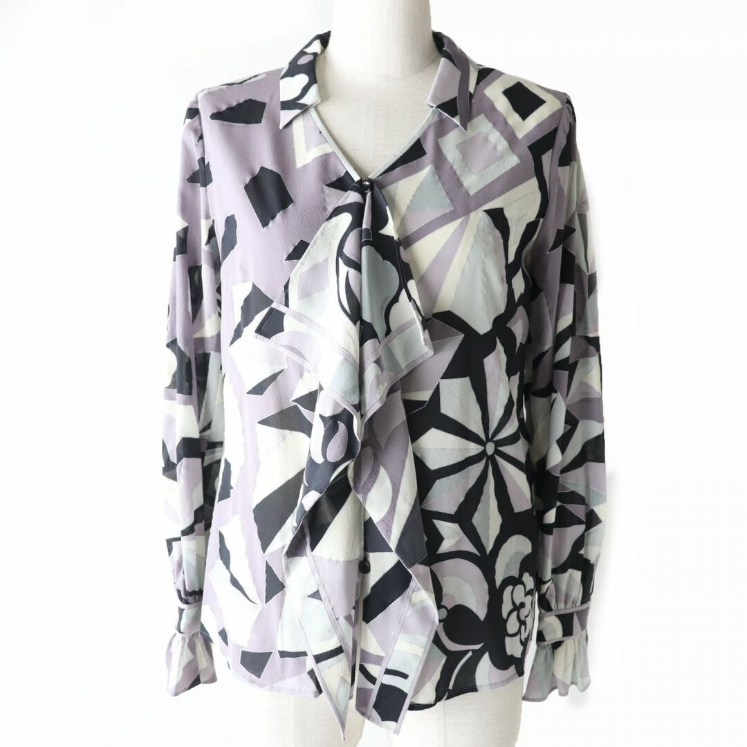美品✨ LEONALD レオナール ブラウス 長袖 花柄 トリム 黒×白 M 美品
