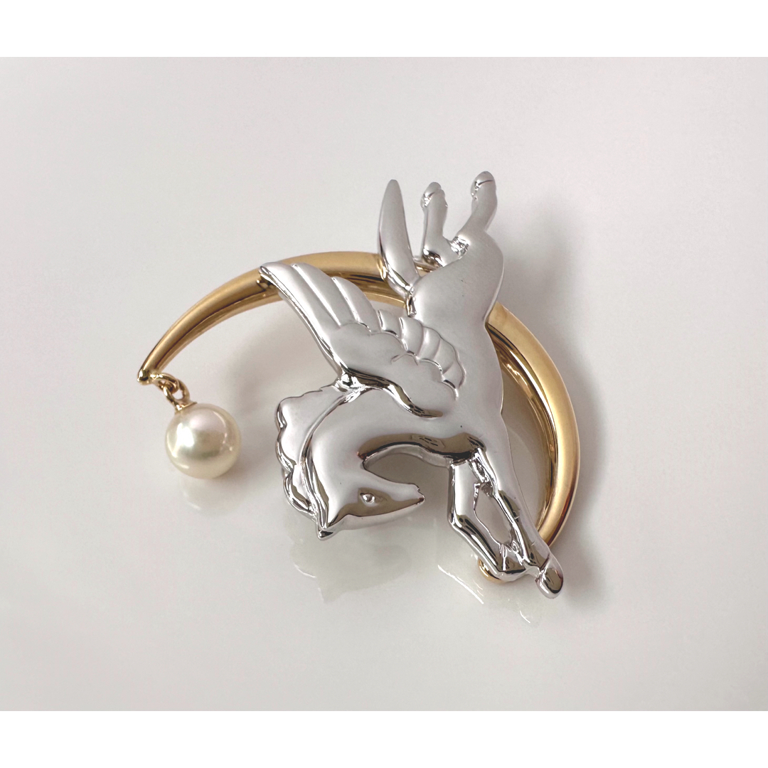 美品ꕥ幸運ꕥミキモト K18×シルバー ペガサス ブローチ アコヤ真珠