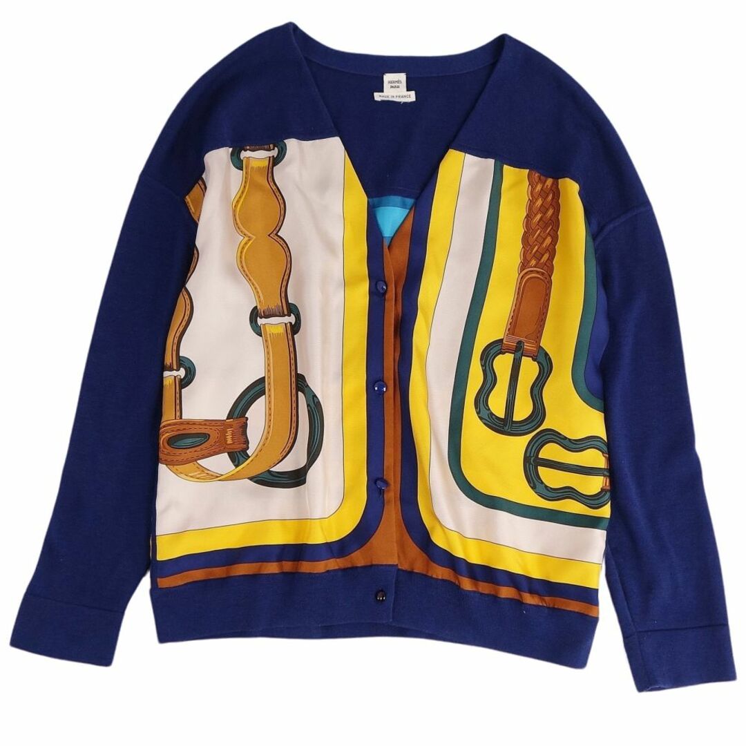 エルメス カーディガン スカーフ柄 切替 セリエボタン シルク オールド