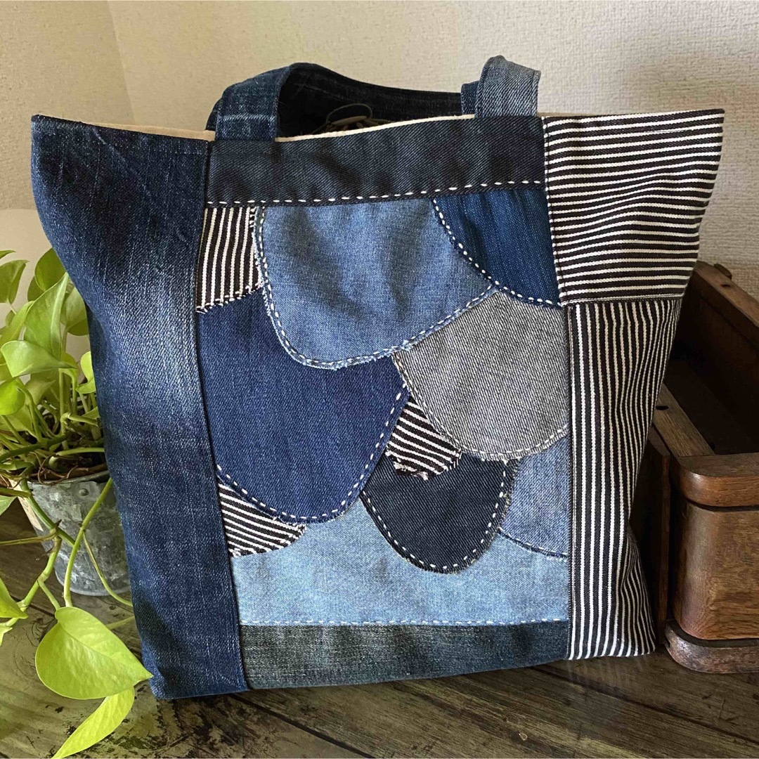 ハンドメイド デニム リメイク トートバッグ ヒッコリー 刺し子 うろこ