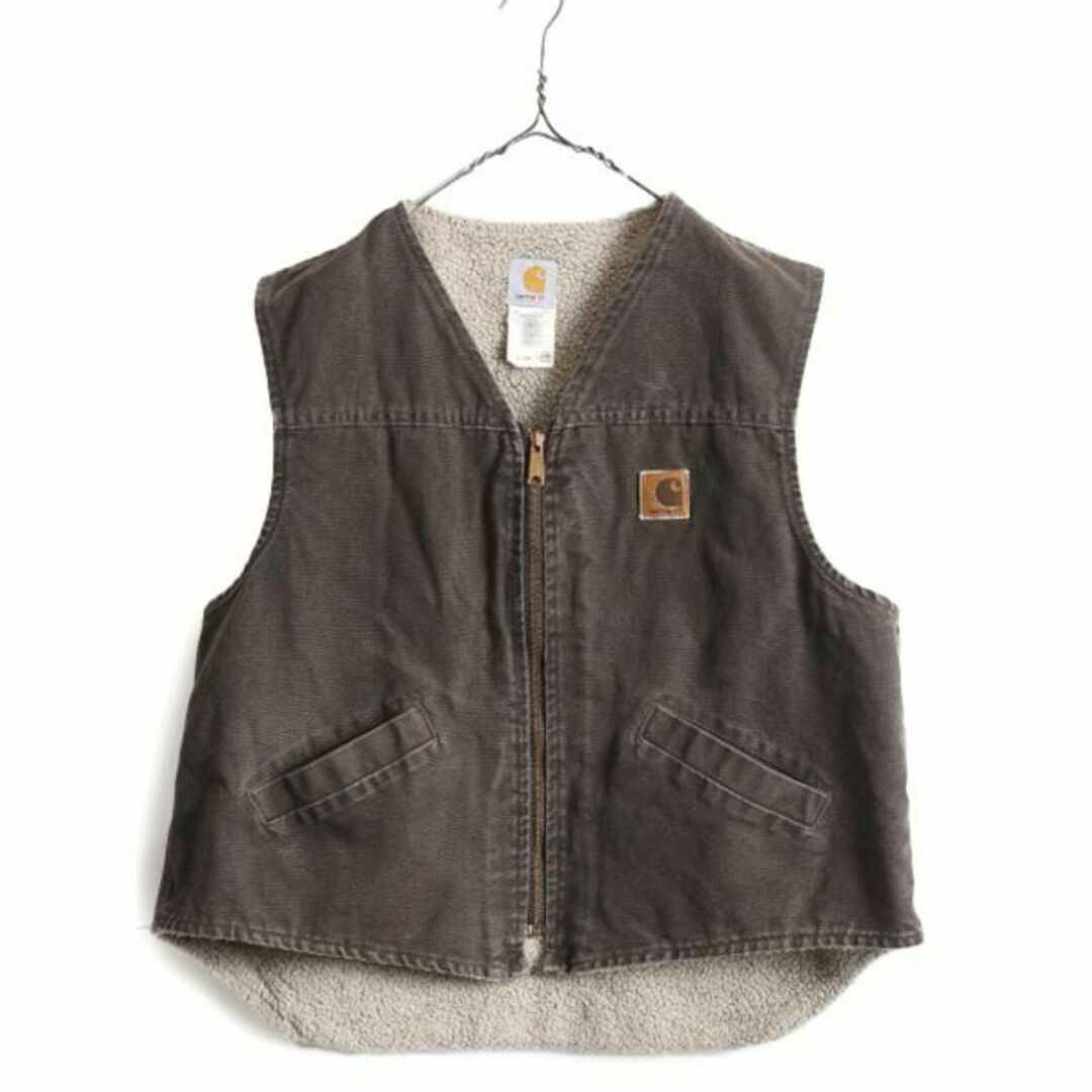 US企画 90s USA製 カーハート 裏 ボア ダックベスト XL パイル 茶の