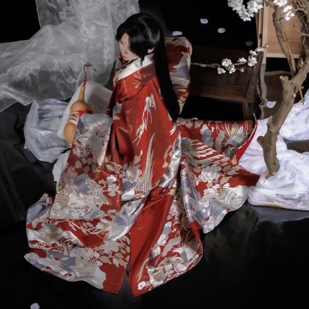 ふりふ - 百鳥朝鳳披風 白赤金色ロングアウター 中国伝統衣装 織錦