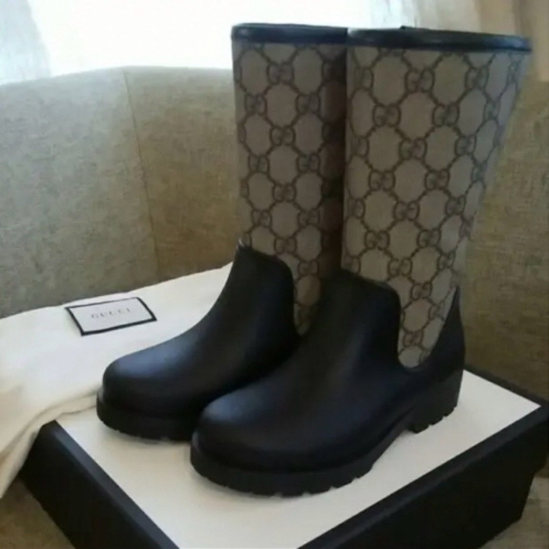 グッチ GUCCI レインブーツ 長靴 ブラック チャンキーヒール サイズ